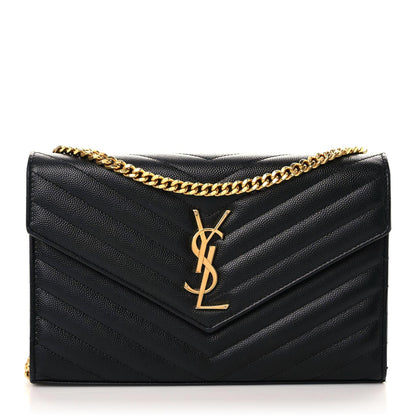Saint Laurent Grain De Poudre Matelasse Chevron Monogram Chain Wallet Black 1 of 17