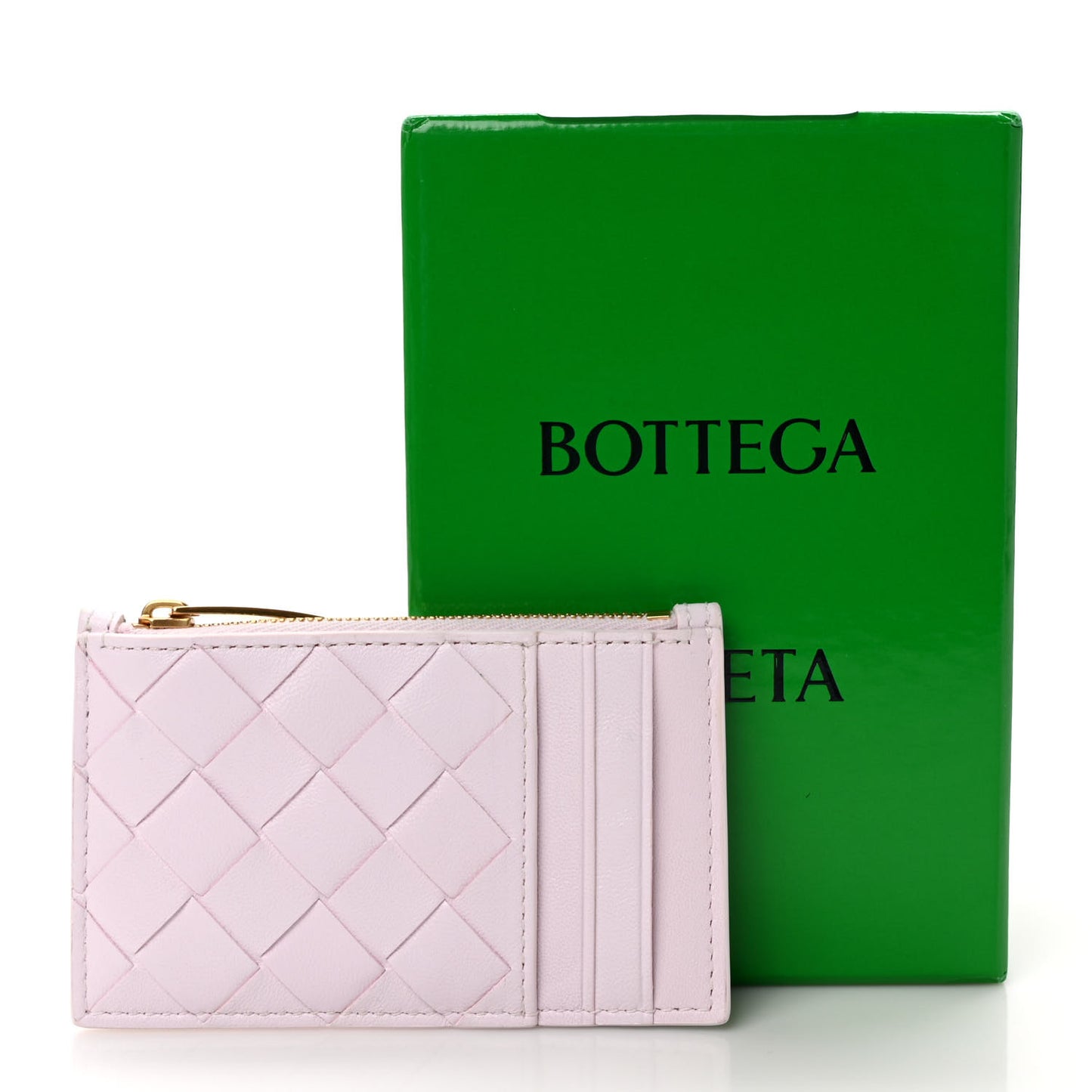 Calfskin Intrecciato Zip Card Holder Rosa