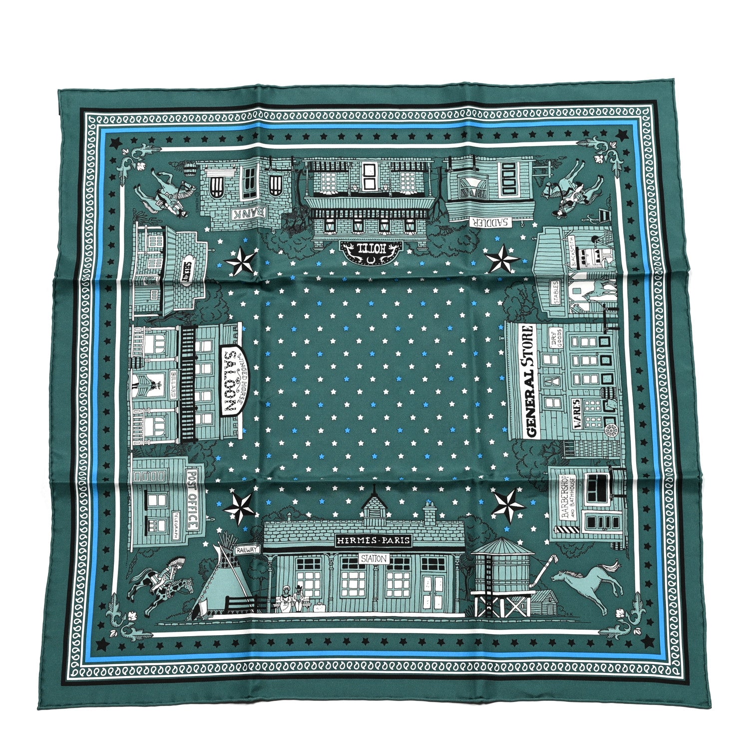 Hermes Silk Paris Station Bandana 55 Vert Cypres Bleu Azur Black 1 of 4