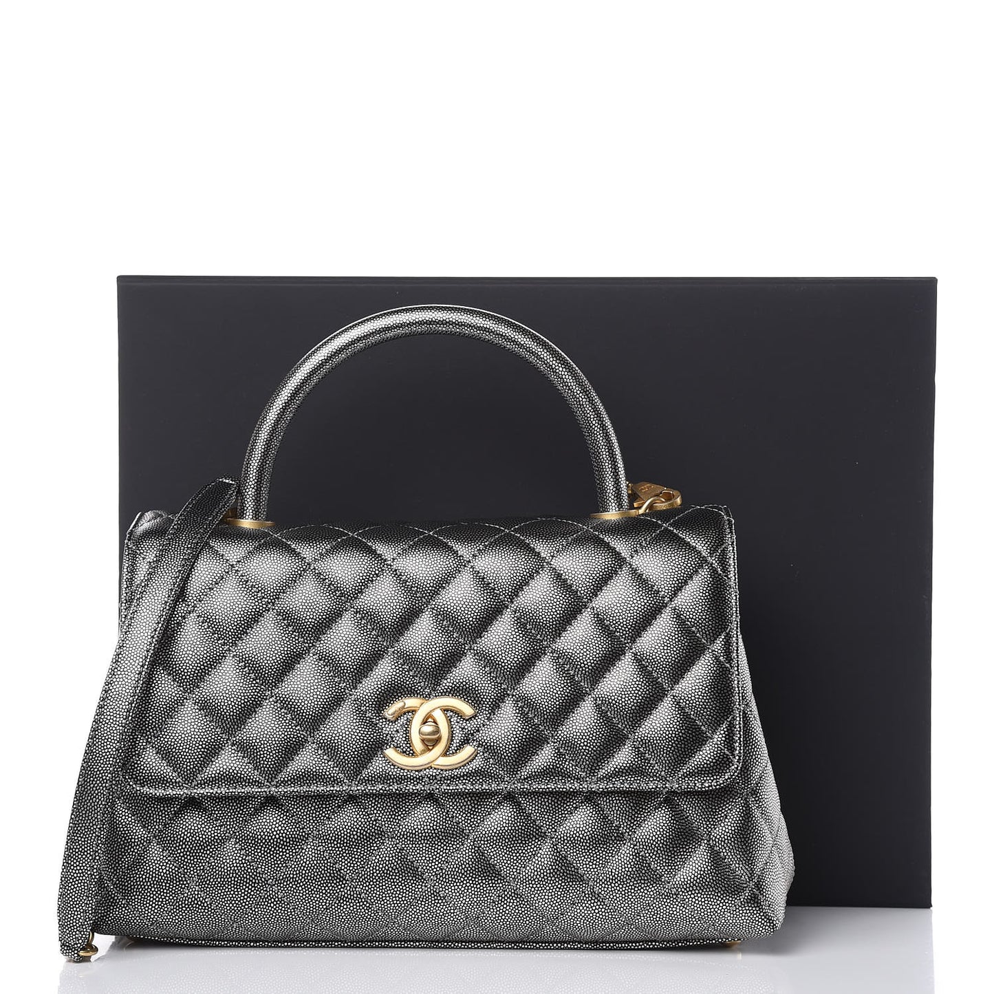 Metallic Caviar Quilted Small Coco Handle Flap Silver
