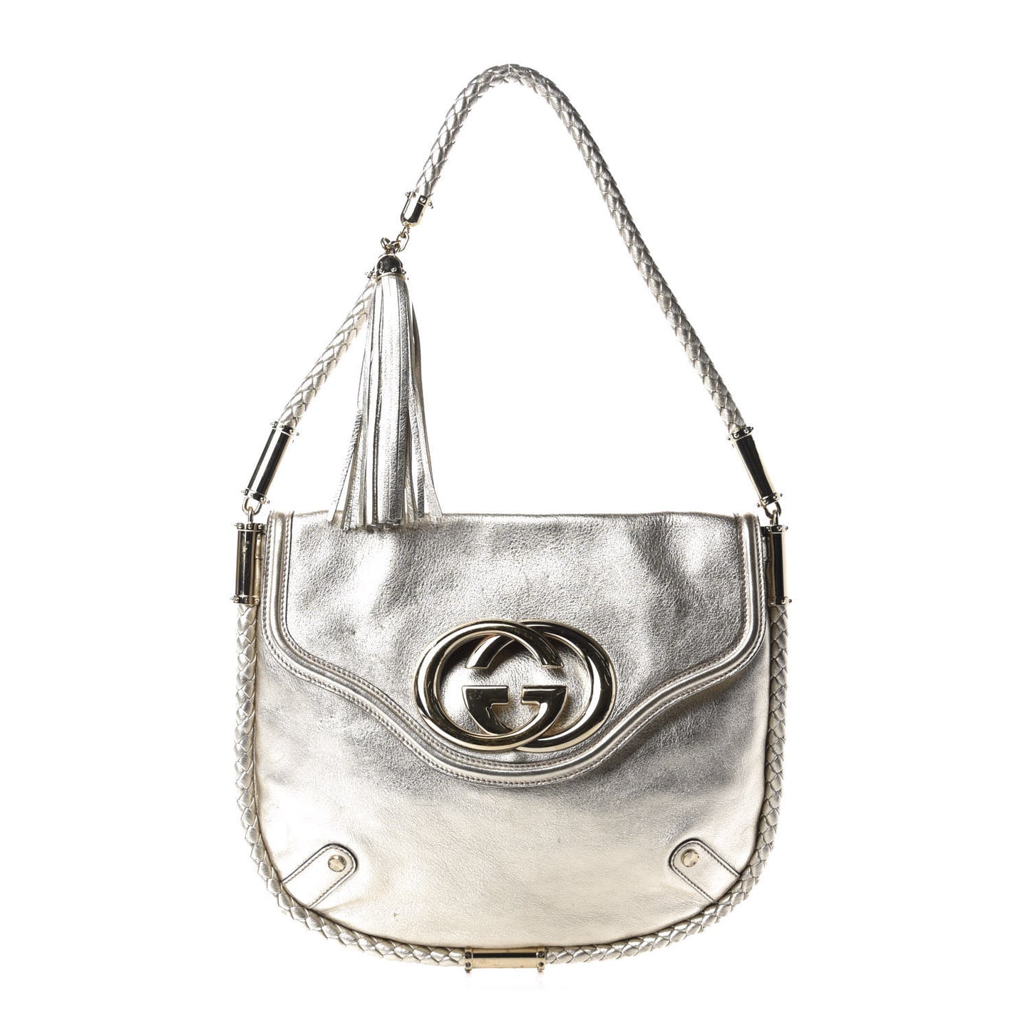 Metallic Calfskin Medium Britt Tassel Shoulder Bag Platinum