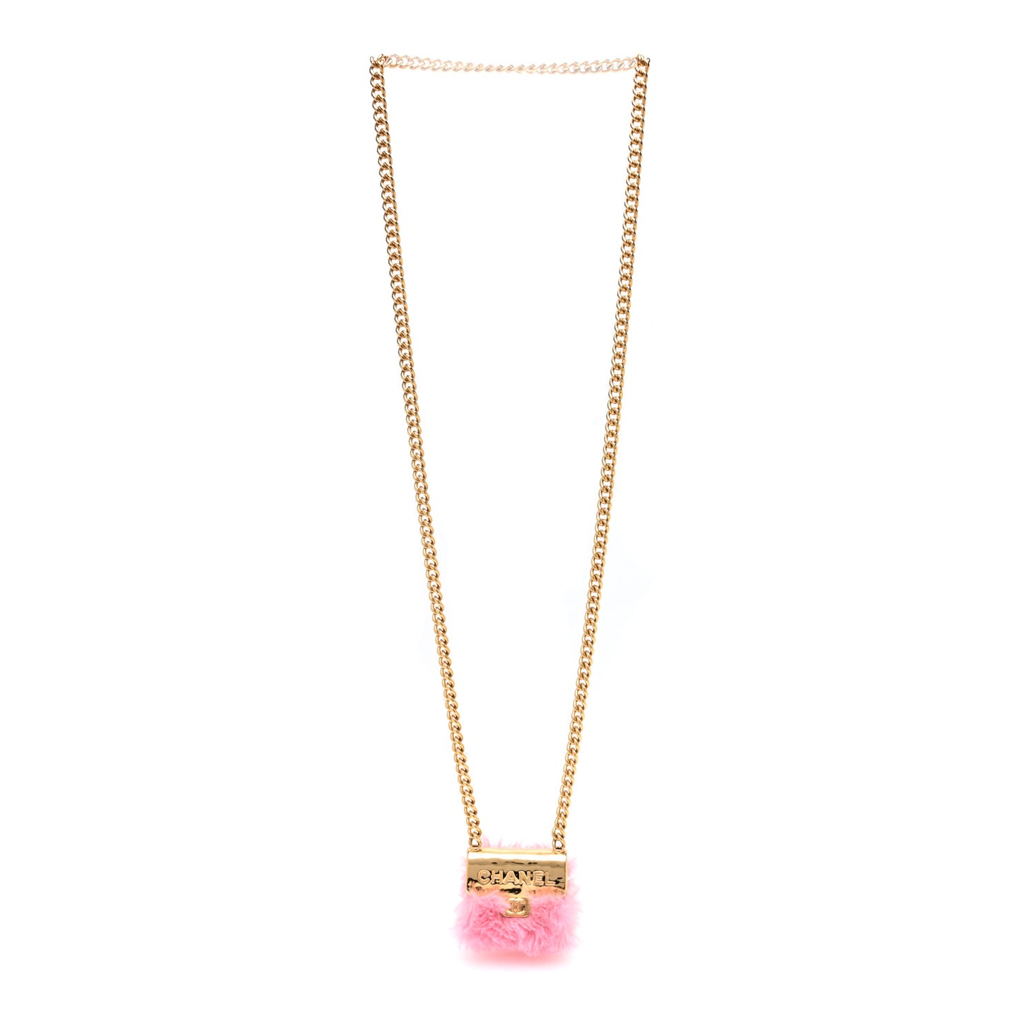 Metal Fur Flap Bag Long Necklace Gold Pink