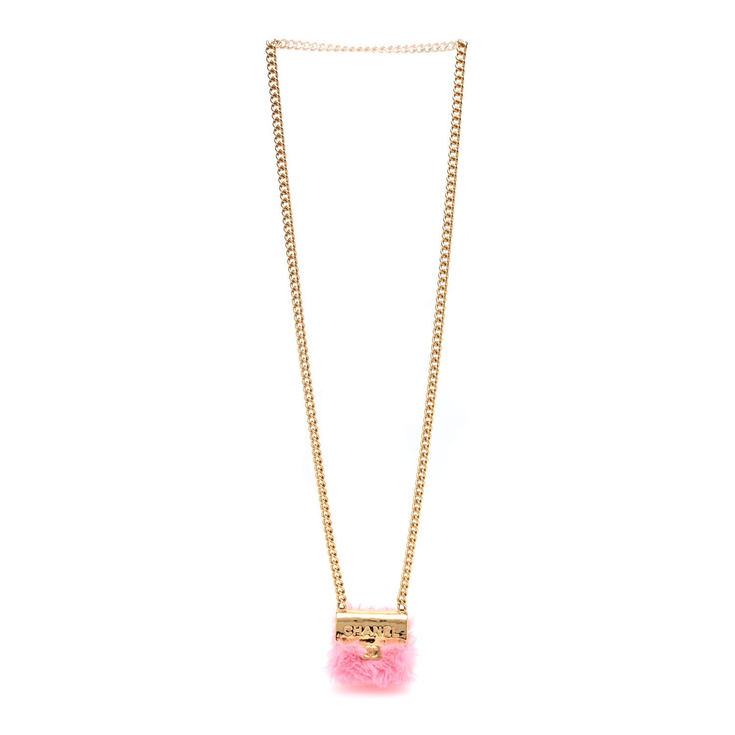 Chanel Metal Fur Flap Bag Long Necklace Gold Pink 3 of 6
