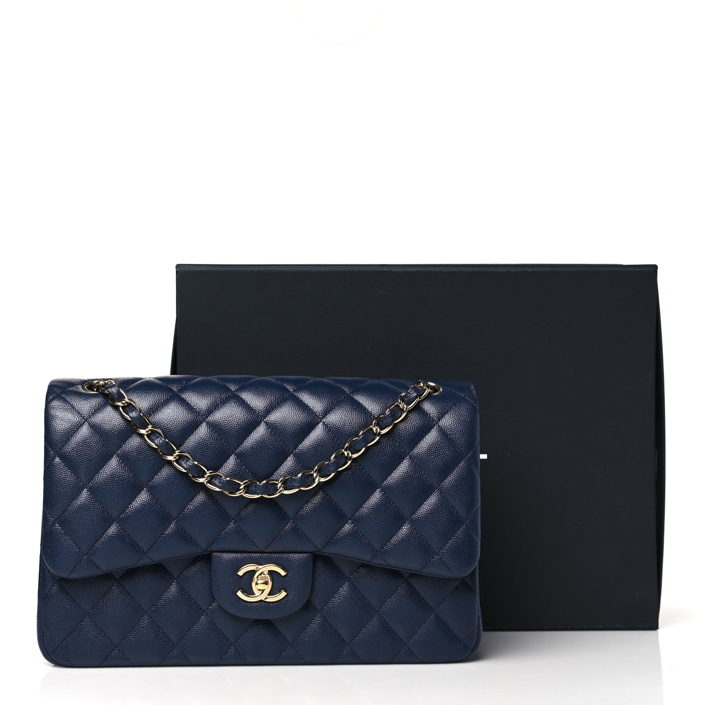 Caviar Quilted Jumbo Double Flap Navy Blue