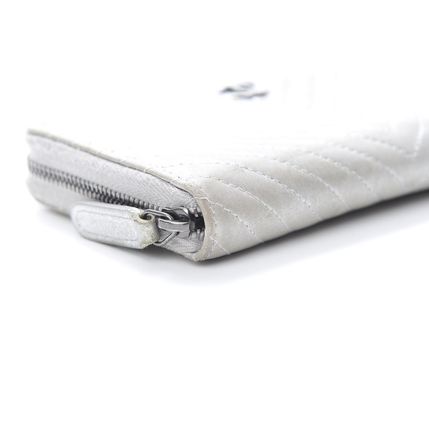 Metallic Lambskin Chevron Quilted Small Zip Around Wallet Silver