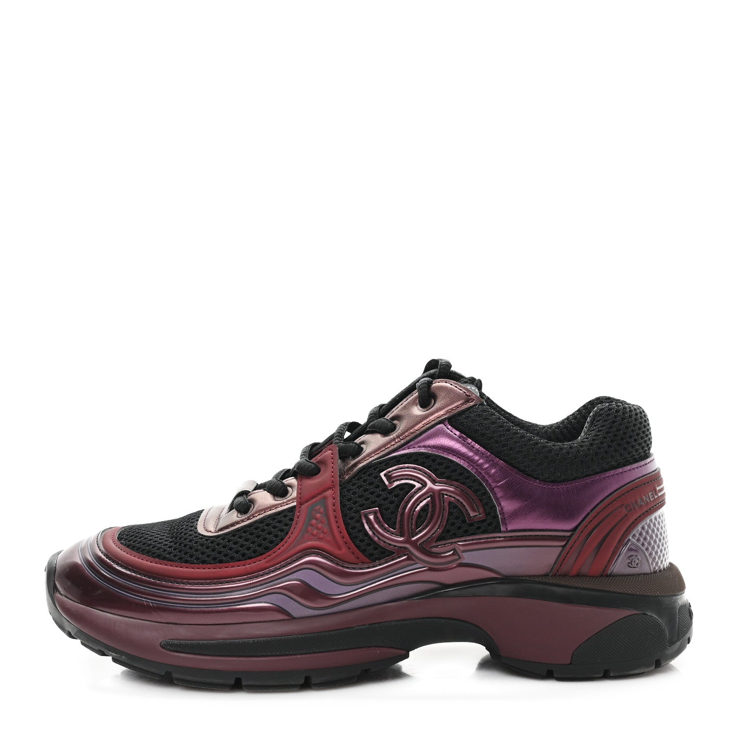 Chanel Fabric Laminated Calfskin Stretch CC Womens Sneakers 37.5 Black Purple Burgundy 1 of 12