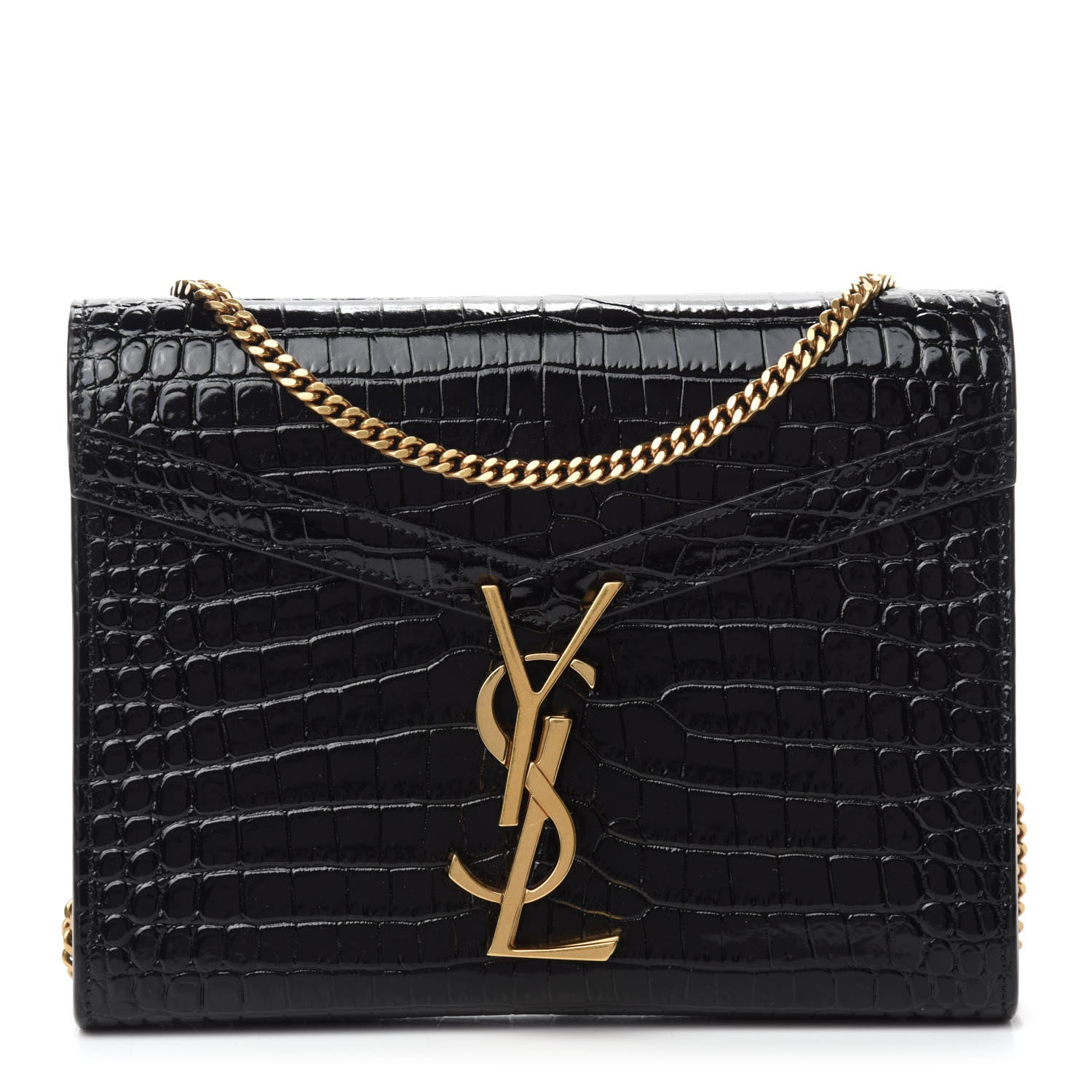 Saint Laurent Calfskin Crocodile Embossed Monogram Cassandra Chain Wallet Black 1 of 10