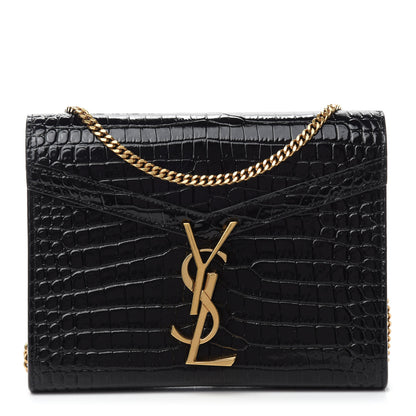 Saint Laurent Calfskin Crocodile Embossed Monogram Cassandra Chain Wallet Black 1 of 10