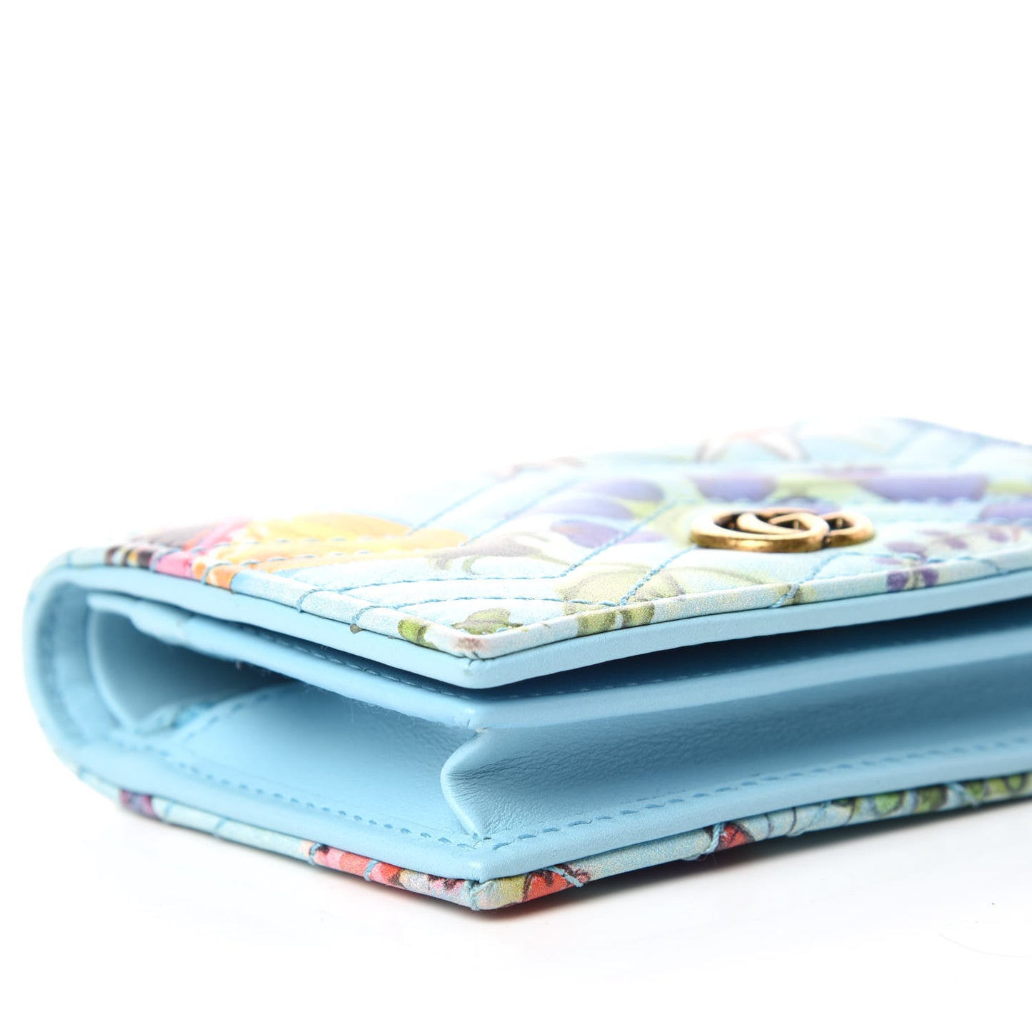 X UNSKILLED WORKER Calfskin Matelasse Flora Painted GG Marmont Card Case Wallet Cloudy Blue Multicolor