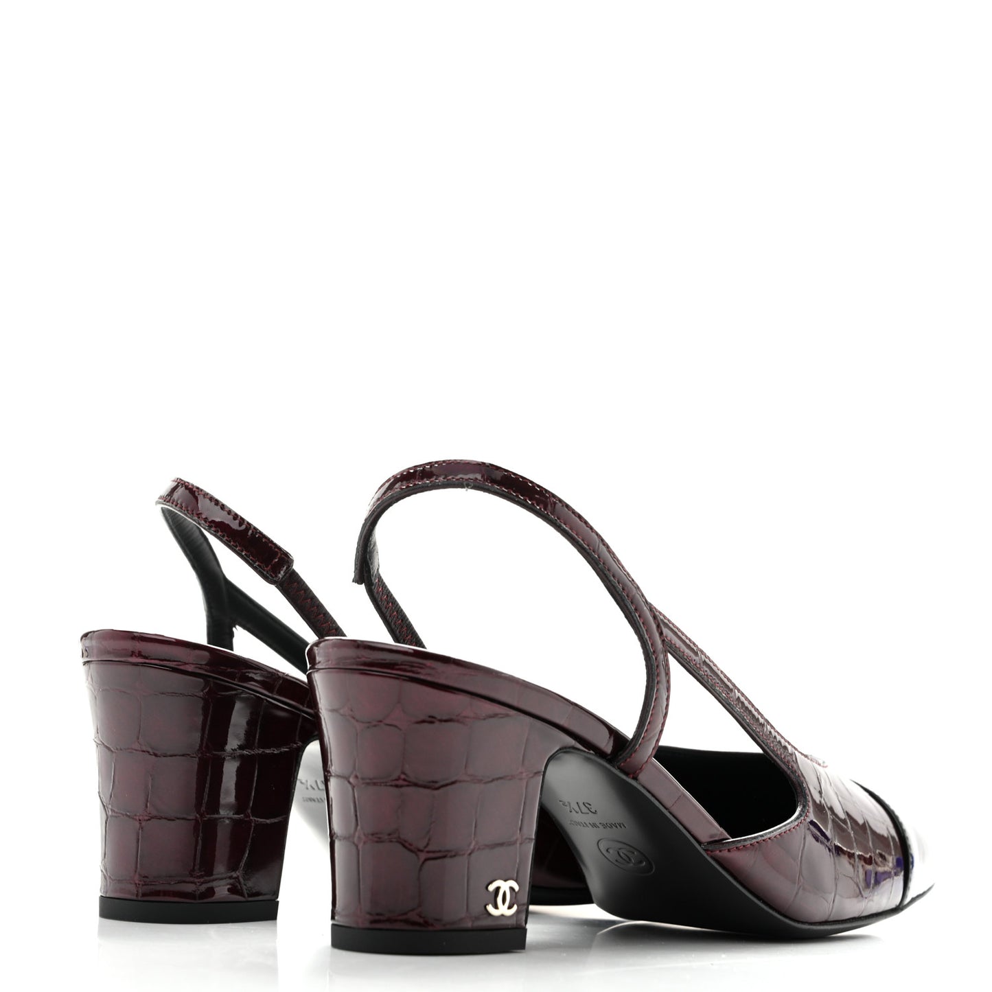 Patent Calfskin Crocodile Embossed Cap Toe CC Slingback Pumps 37.5 Dark Burgundy Black