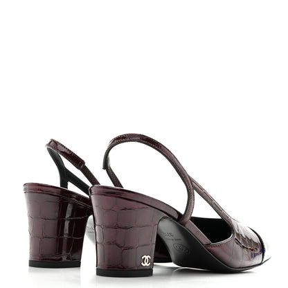 Chanel Patent Calfskin Crocodile Embossed Cap Toe CC Slingback Pumps 37.5 Dark Burgundy Black 5 of 11