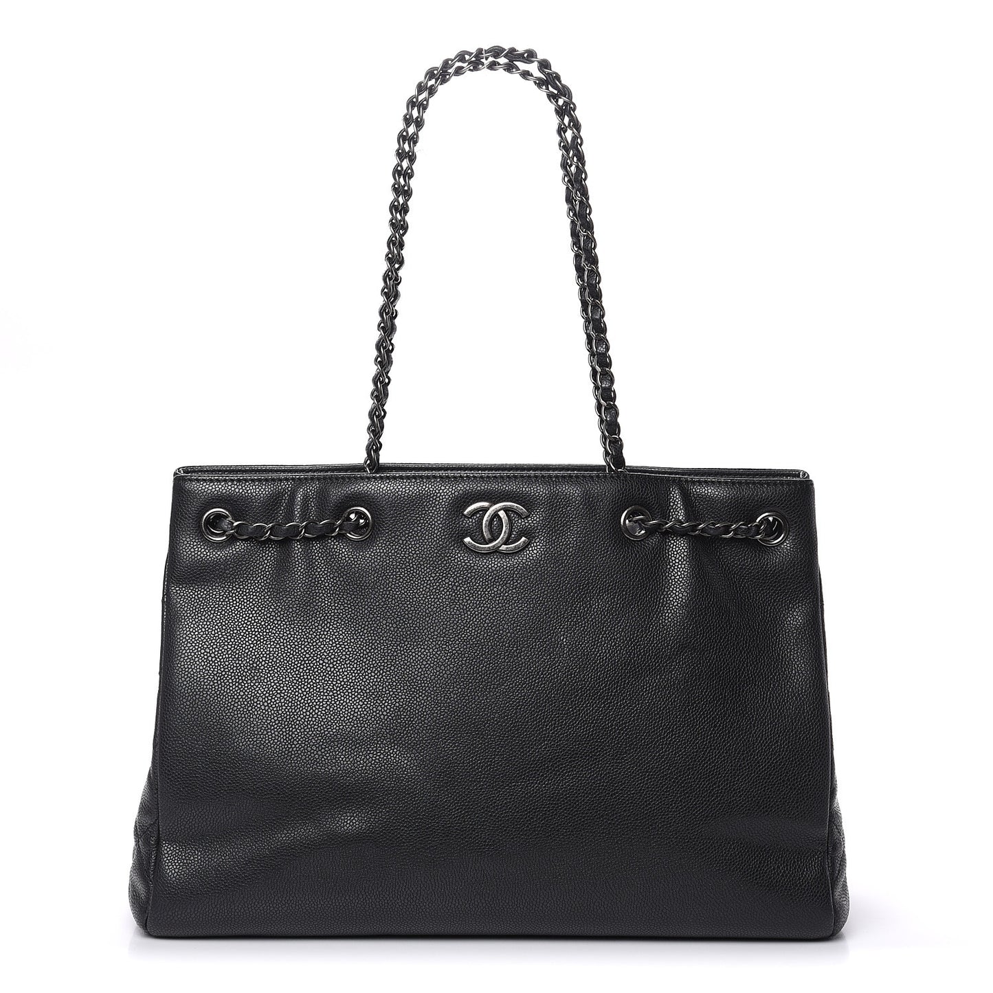 Metallic Grained Calfskin Woven Chain Large Shopping Bag Black