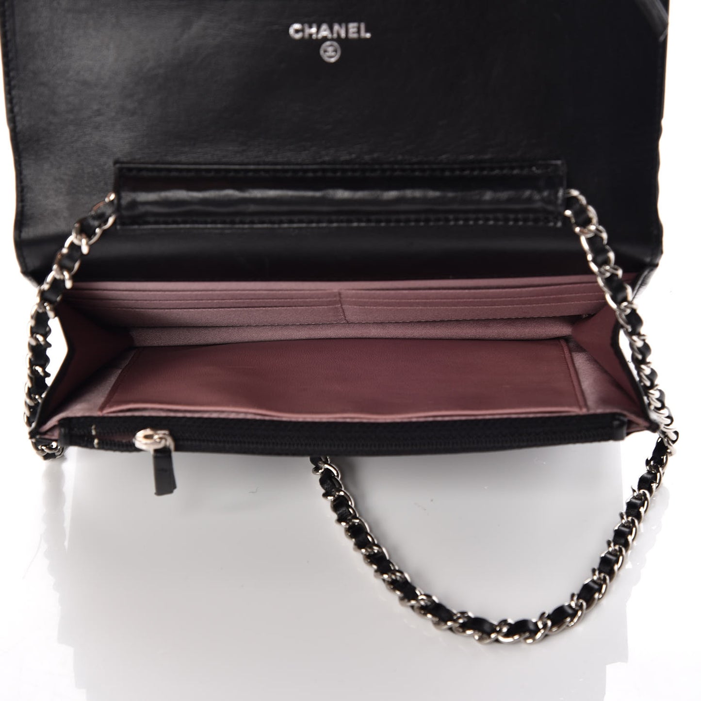 Lambskin Camellia Embossed Wallet on Chain WOC Black
