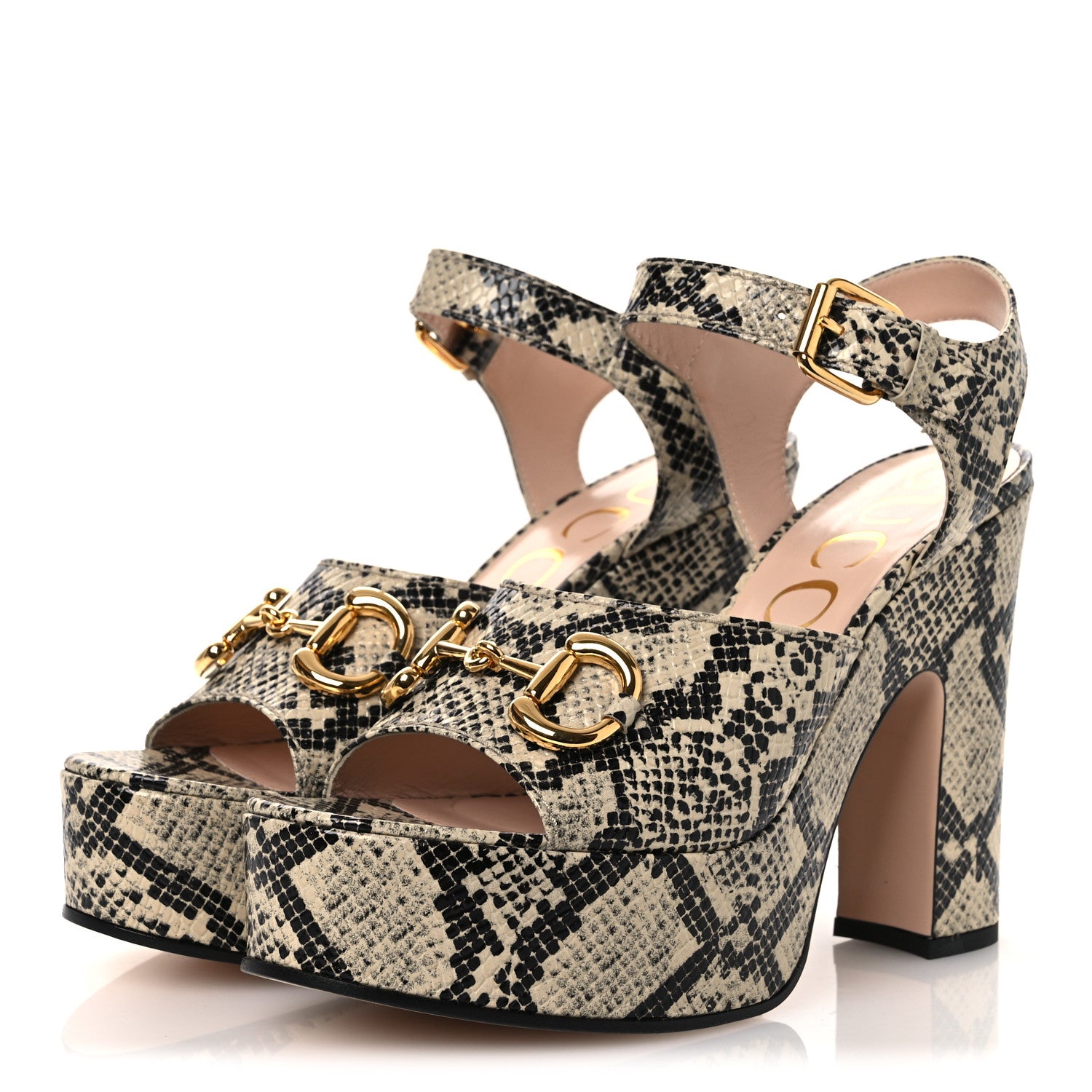 Gucci Calfskin Snakeskin Print Horsebit 40/135mm Platform Sandals 40.5 Beige Avana 4 of 11