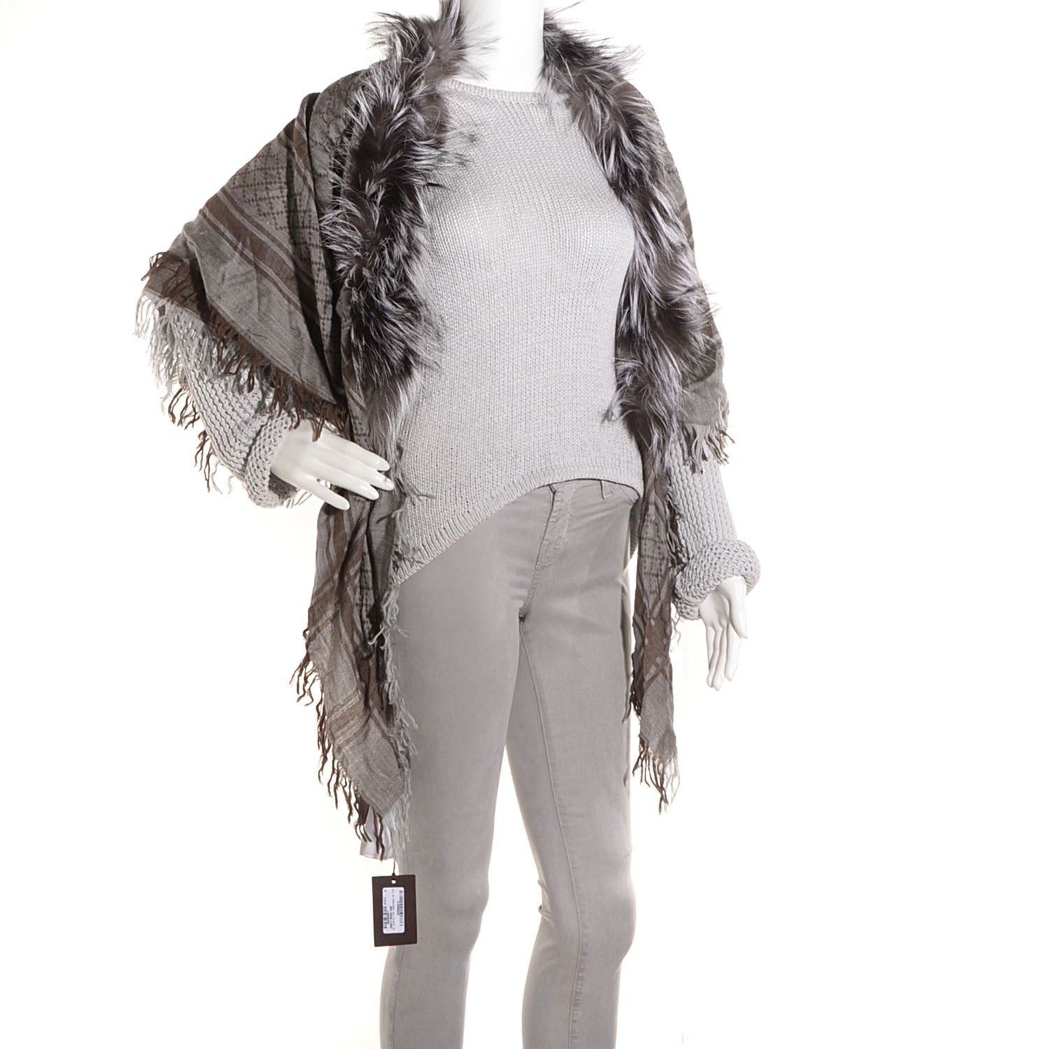 Gucci Wool Silk Fox Fur Monogram Shawl Scarf Brown 2 of 6