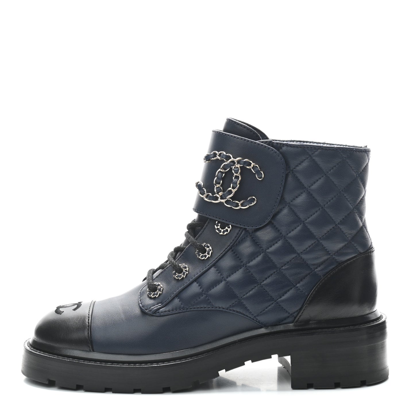 Lambskin Calfskin Quilted Lace Up Combat Boots 39 Navy Black