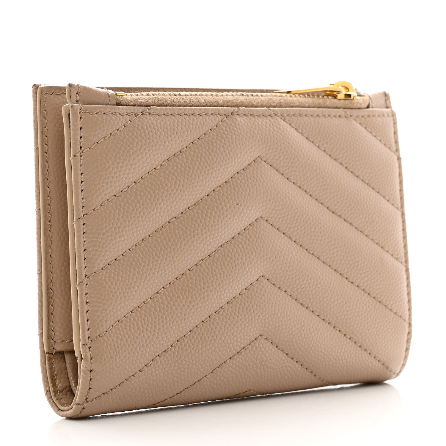 Saint Laurent Grain De Poudre Matelasse Chevron Monogram Zipped Two-Part Wallet Dark Beige 3 of 6