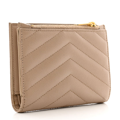 Saint Laurent Grain De Poudre Matelasse Chevron Monogram Zipped Two-Part Wallet Dark Beige 3 of 6