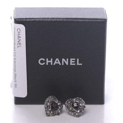 Chanel Pearl Enamel Heart CC Earrings Black Silver 5 of 5