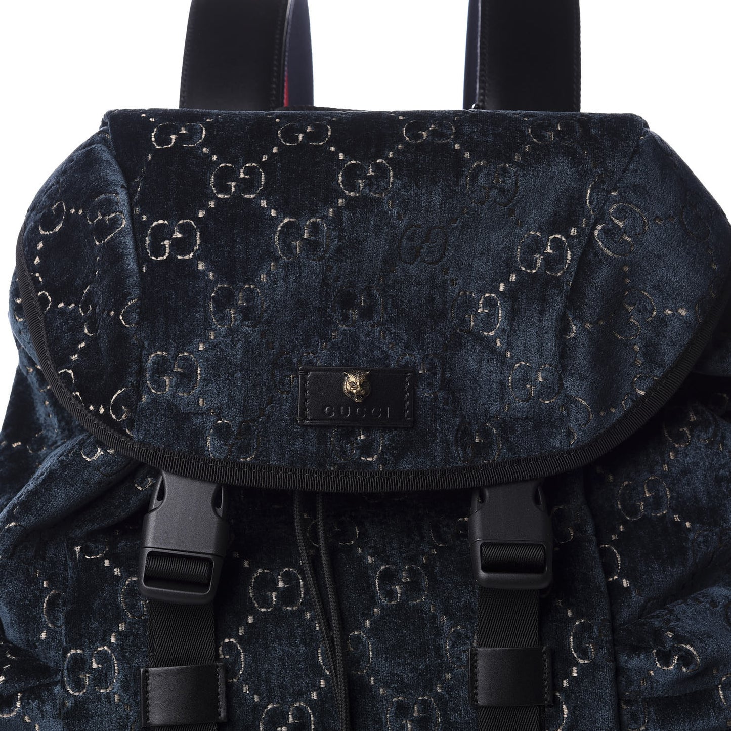 Velvet GG Monogram Web Medium Double Buckle Backpack Blue Beige Black