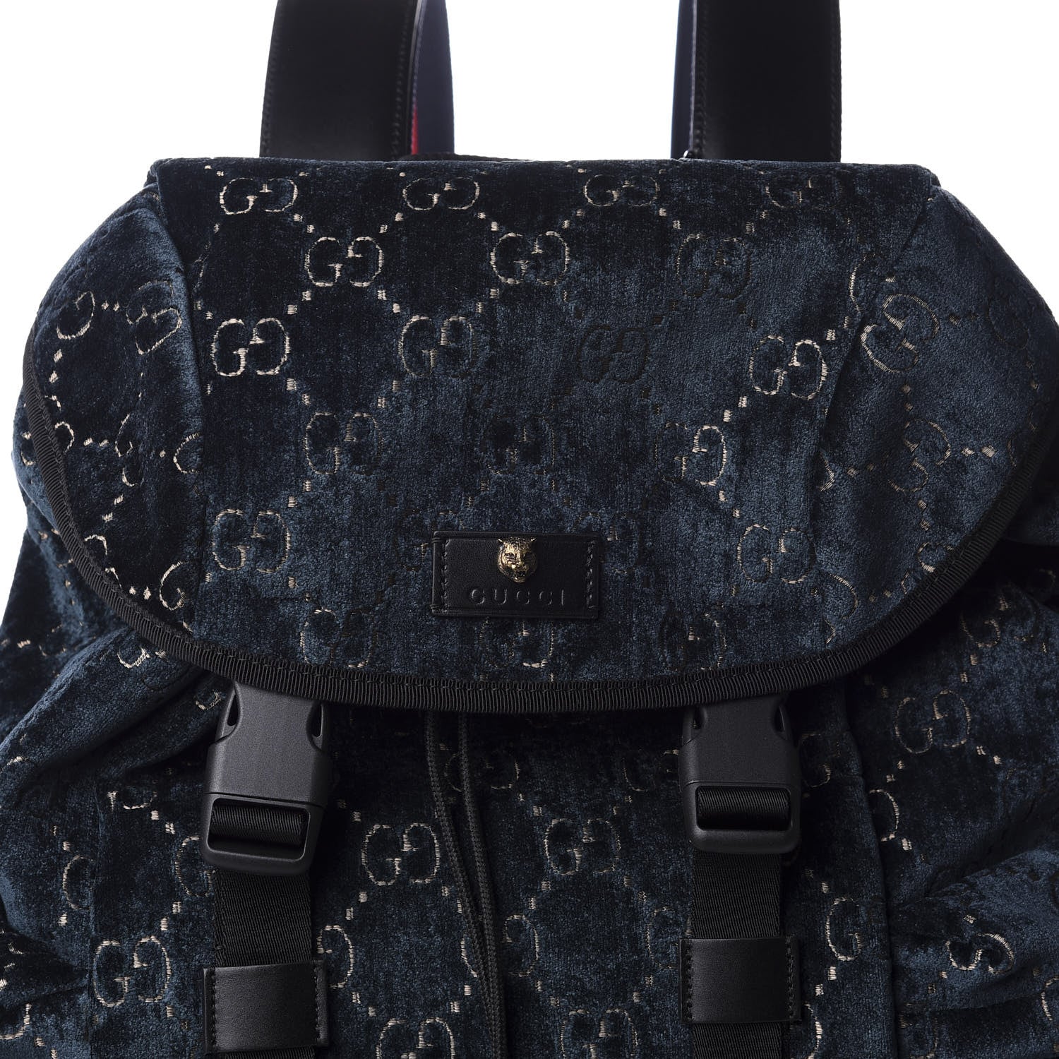 Gucci Velvet GG Monogram Web Medium Double Buckle Backpack Blue Beige Black 11 of 11