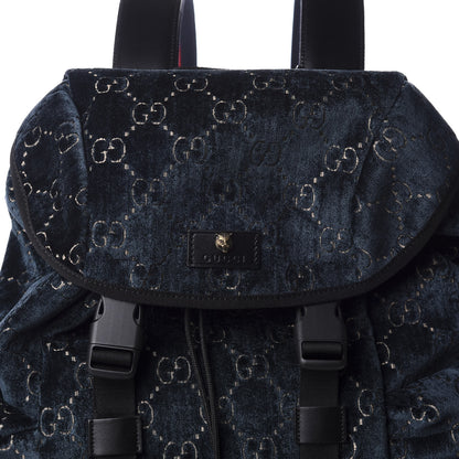 Gucci Velvet GG Monogram Web Medium Double Buckle Backpack Blue Beige Black 11 of 11