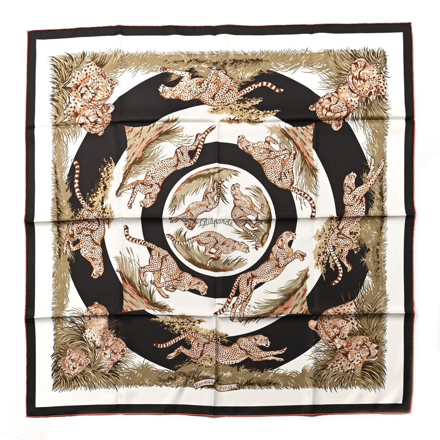 Silk Guepards Scarf 90 White Reglisse Kaki Clair