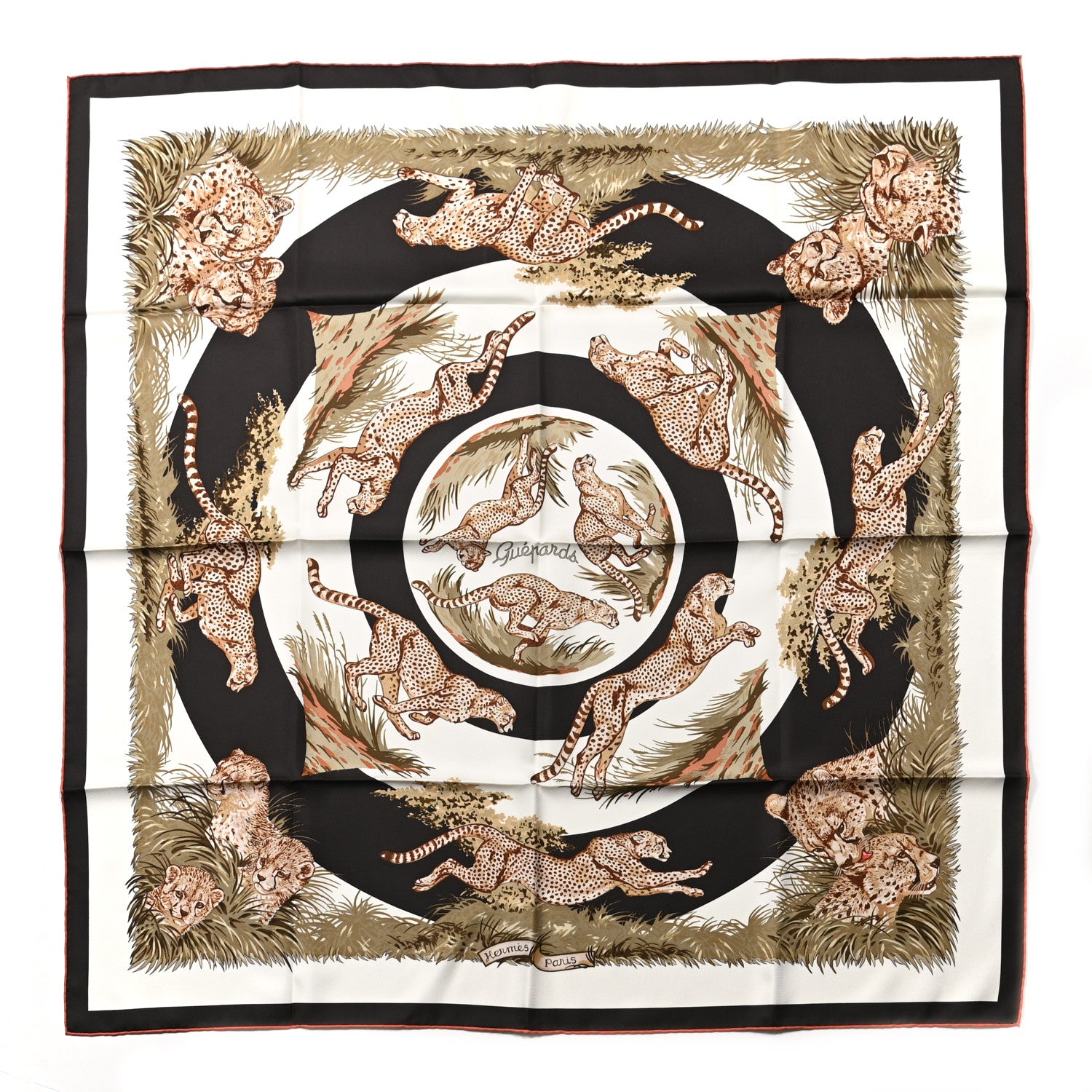 Hermes Silk Guepards Scarf 90 White Reglisse Kaki Clair 1 of 6
