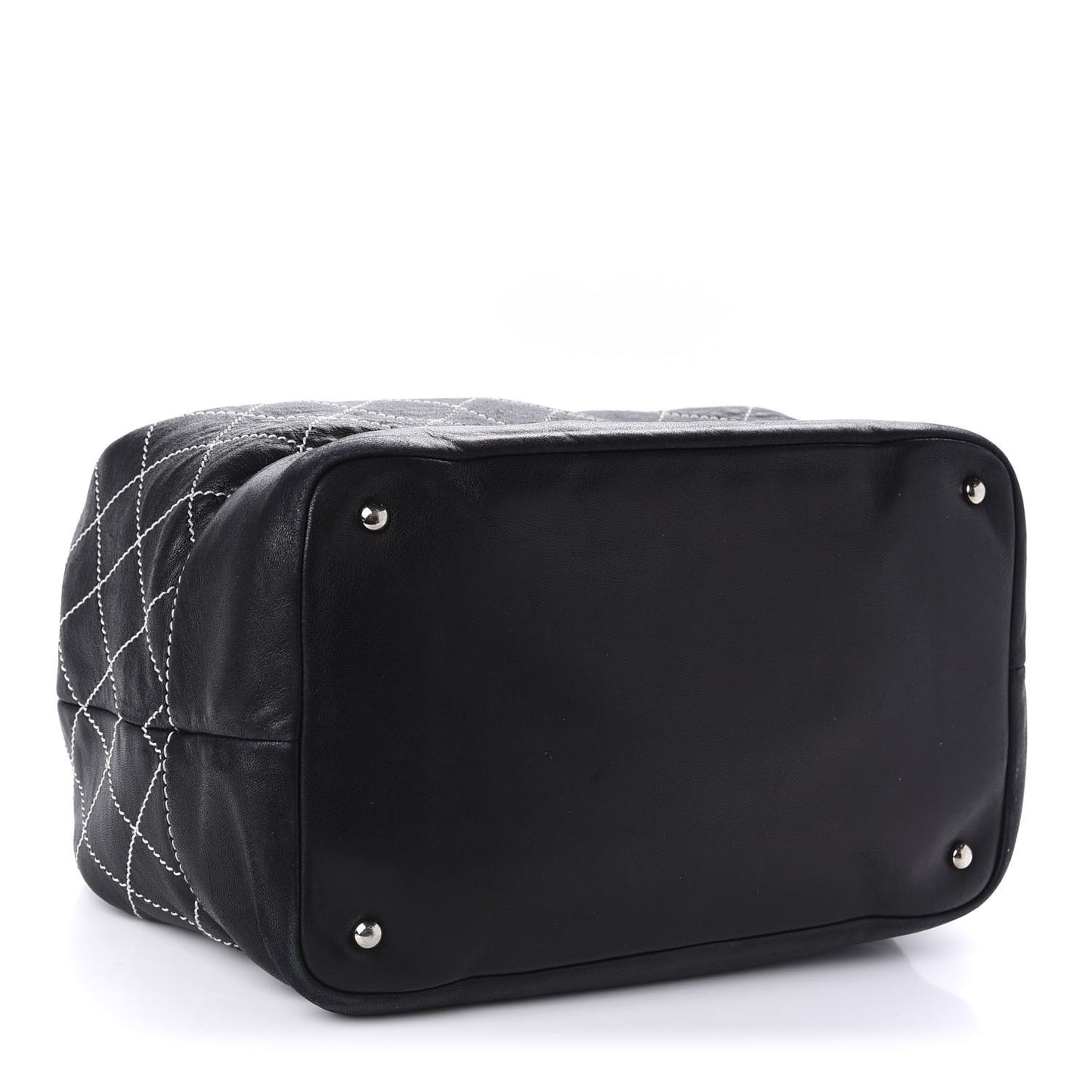 Lambskin Contrast Stitch Large Drawstring Tote Black