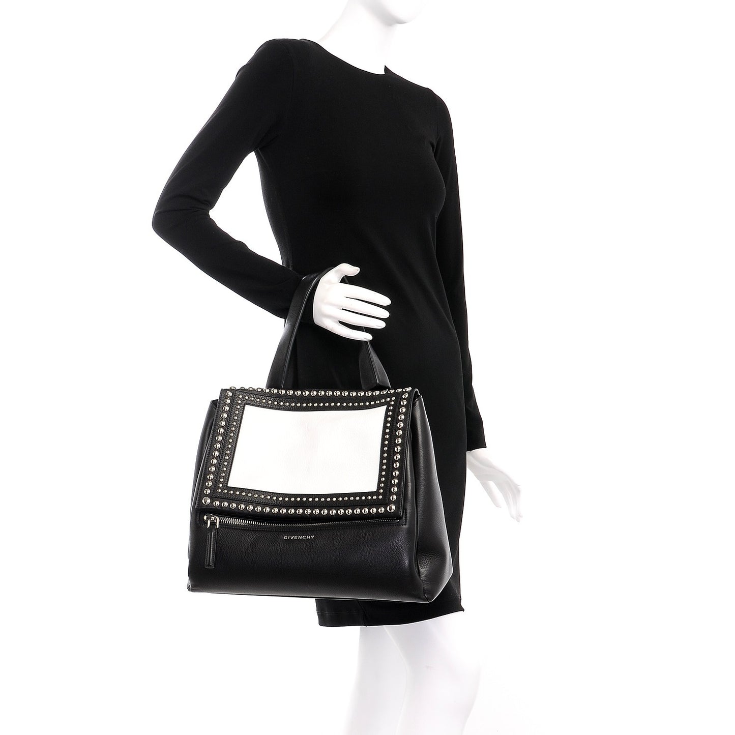 Calfskin Studded Medium Pandora Pure Flap Bag Black White