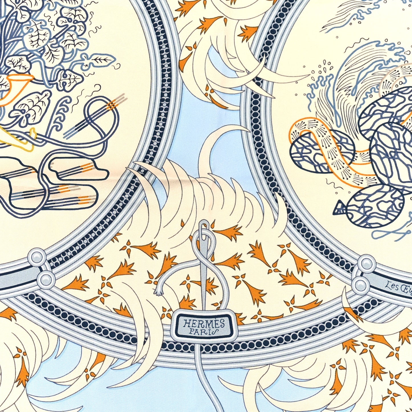Silk Legende Brodee Scarf 90 Bleu Ciel Creme Marine