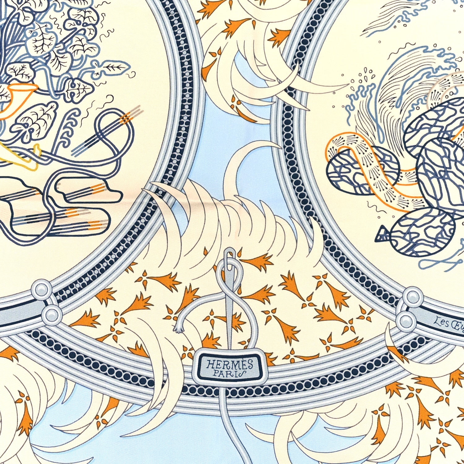 Hermes Silk Legende Brodee Scarf 90 Bleu Ciel Creme Marine 2 of 3