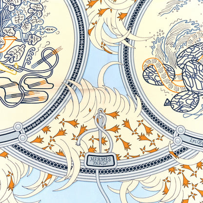 Hermes Silk Legende Brodee Scarf 90 Bleu Ciel Creme Marine 2 of 3