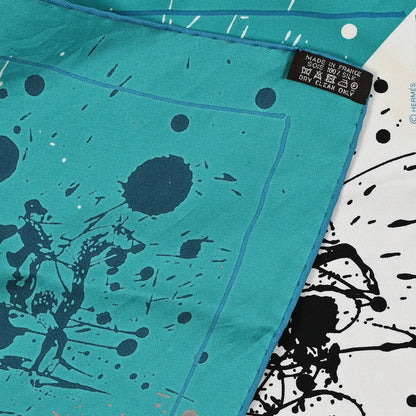 Hermes Silk Cheval Surprise Remix Pocket Square 45 Turquoise White Black 3 of 3