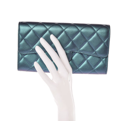 Chanel Metallic Lambskin Quilted Large Gusset Flap Wallet Turquoise 2 of 8