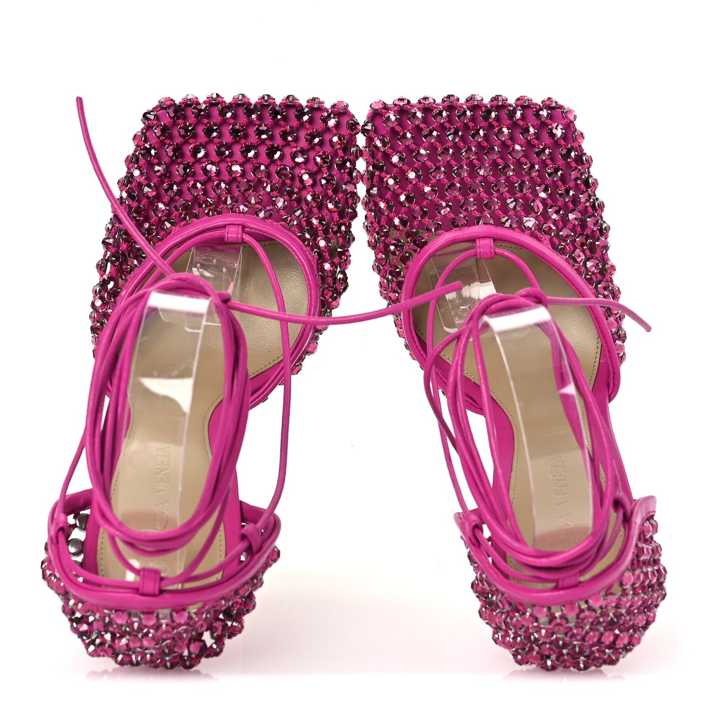 Mesh Nappa Crystal Embellished Sparkle Stretch Ankle Tie 90mm Sandals 37.5 Hollyhock