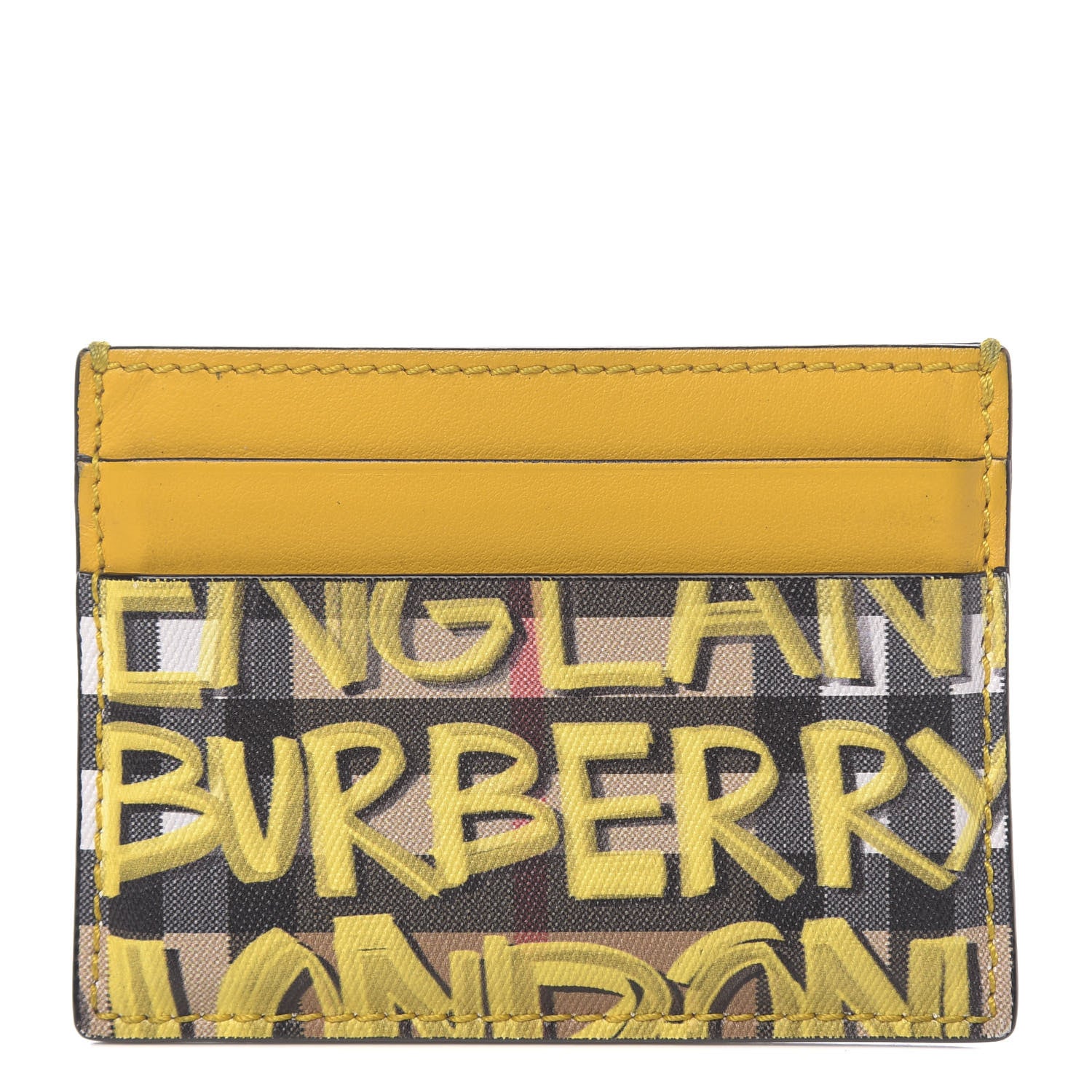Burberry Calfskin Vintage Check Graffiti Print Card Holder Yellow 1 of 8