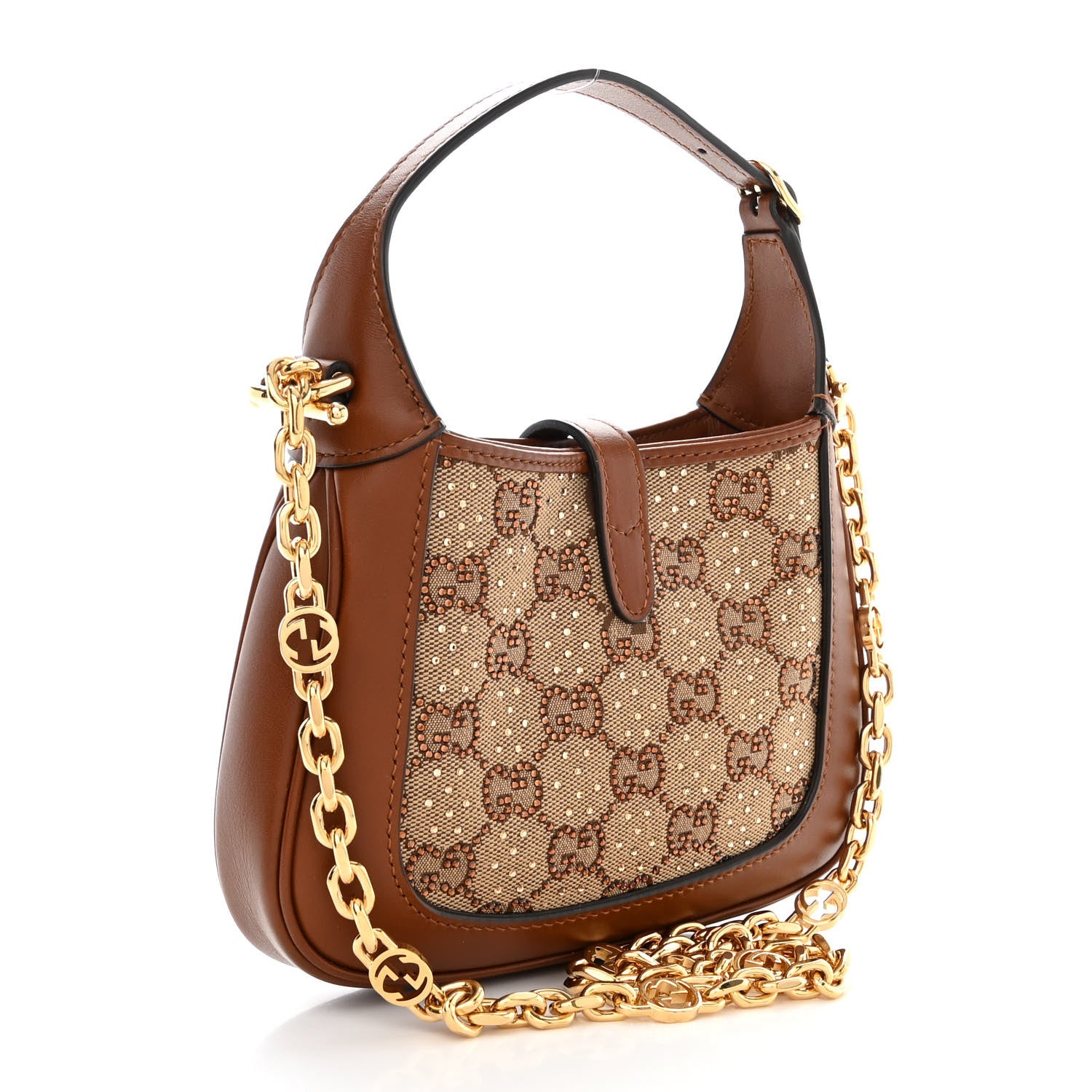 Gucci New Canvas Charisma Calfskin Crystal GG Monogram Mini Jackie 1961 Hobo Camel Ebony 3 of 10