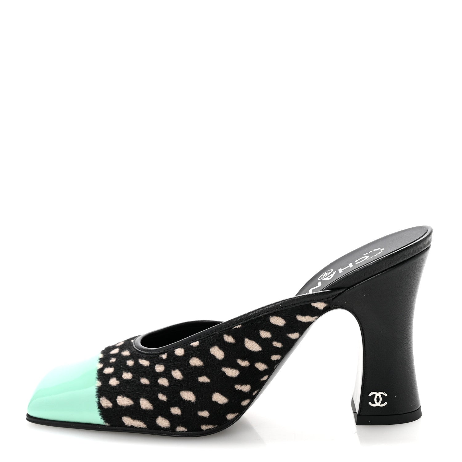 Chanel Pony Hair Lambskin Patent Calfskin Cap Toe Mules 39 Black White Green 1 of 10