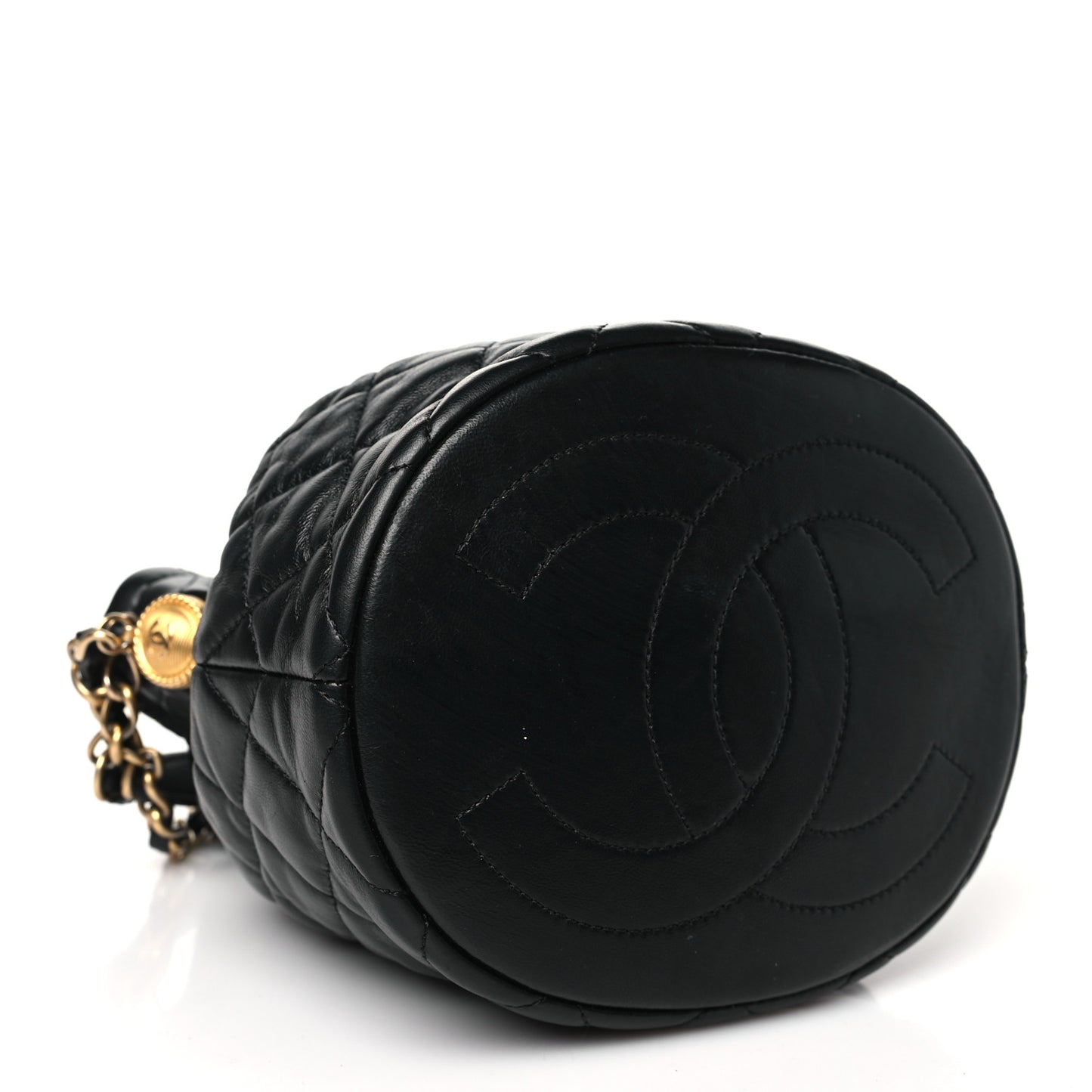 Lambskin Quilted Mini CC Drawstring Bucket Bag Black