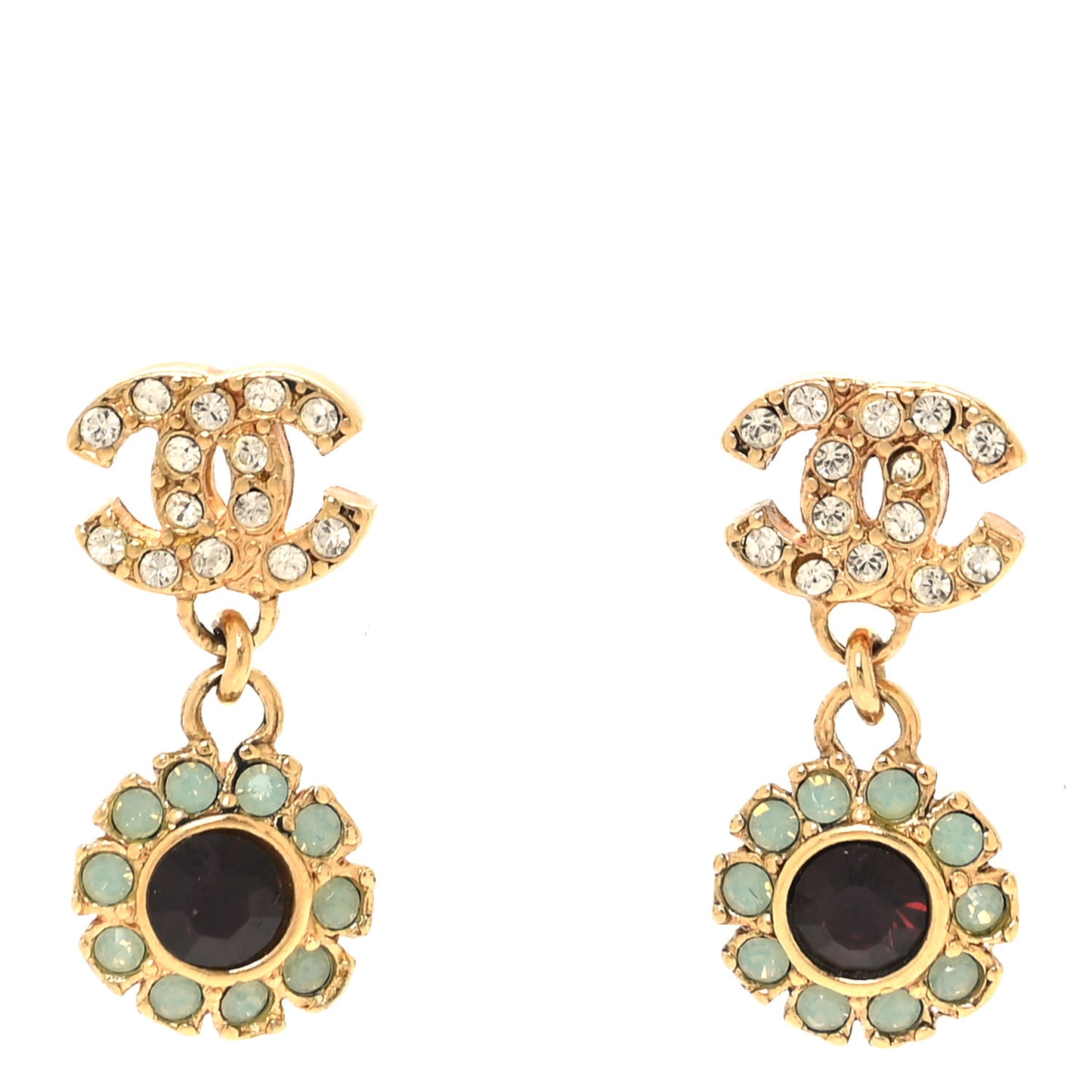 Metal Crystal CC Flower Drop Earrings Gold