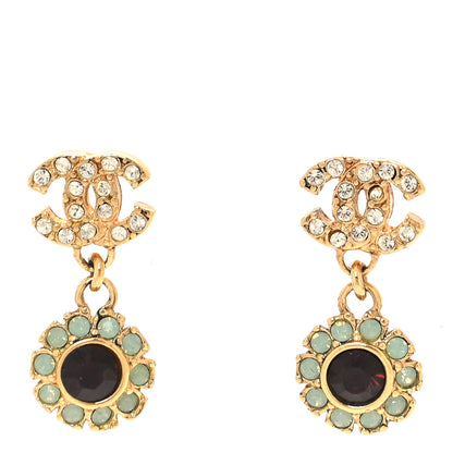 Chanel Metal Crystal CC Flower Drop Earrings Gold 1 of 5