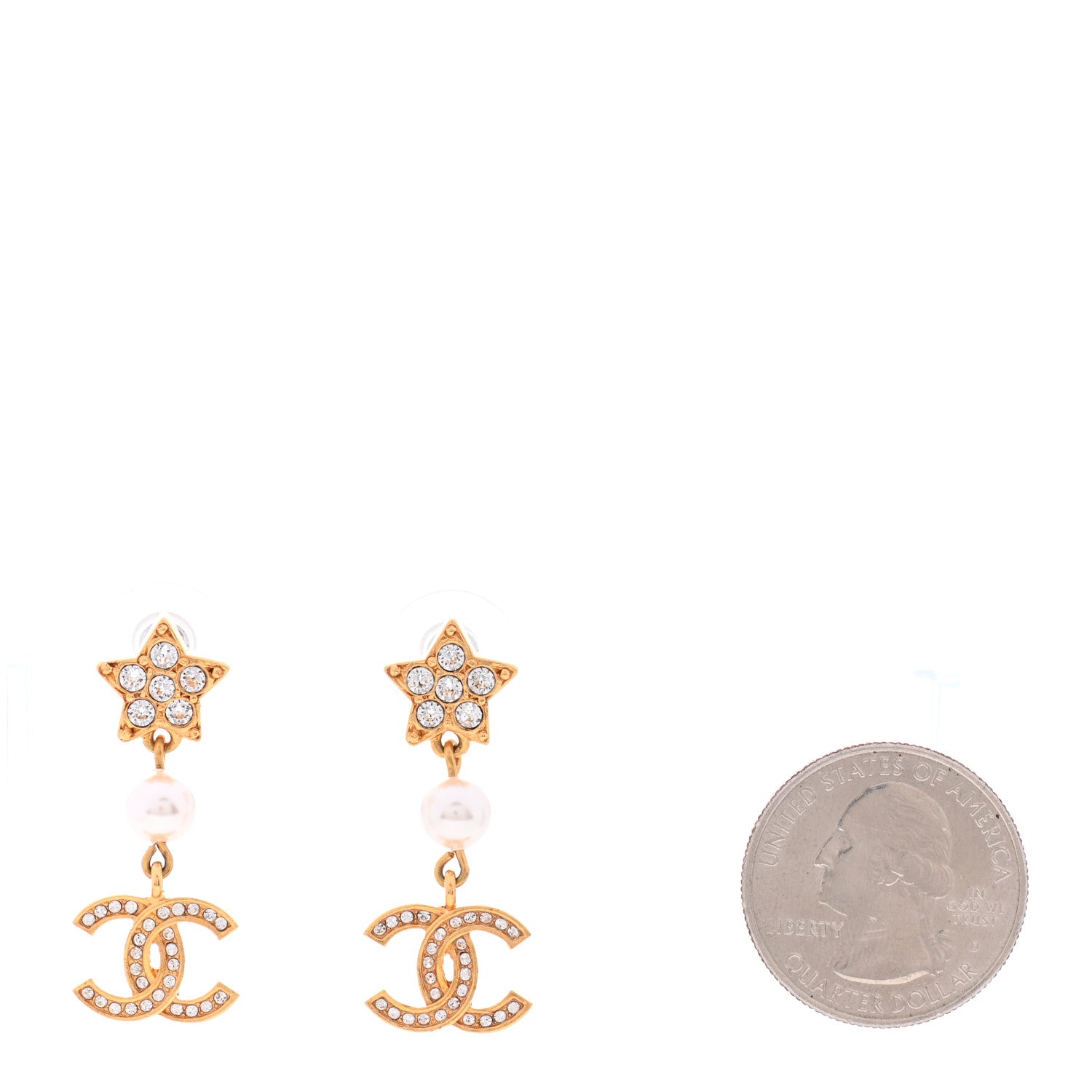 Chanel Crystal Pearl CC Star Drop Earrings Gold 2 of 5