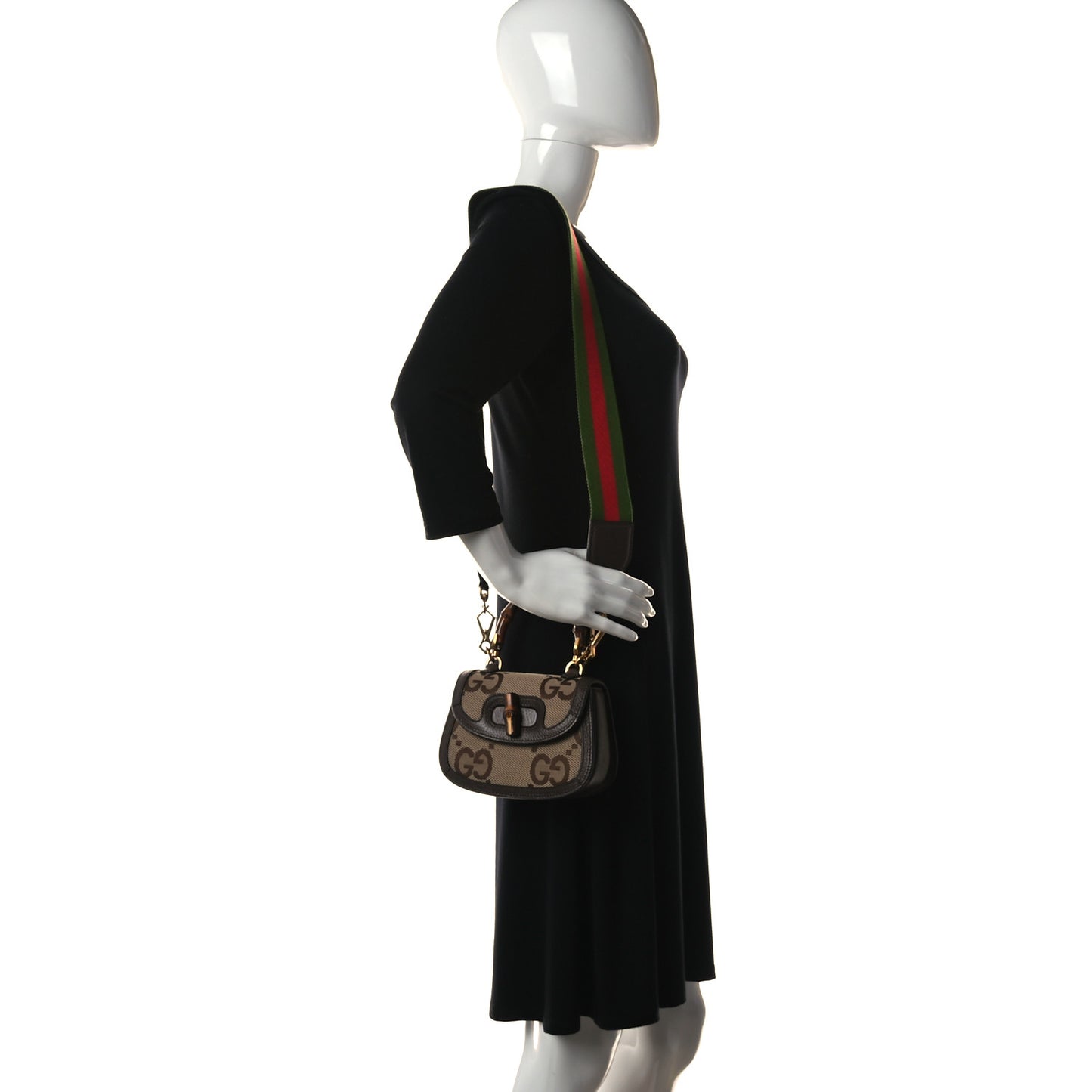 Monogram Jumbo GG Textured Dollar Calfskin Web Mini Bamboo 1947 Top Handle Bag Camel Ebony New Acero