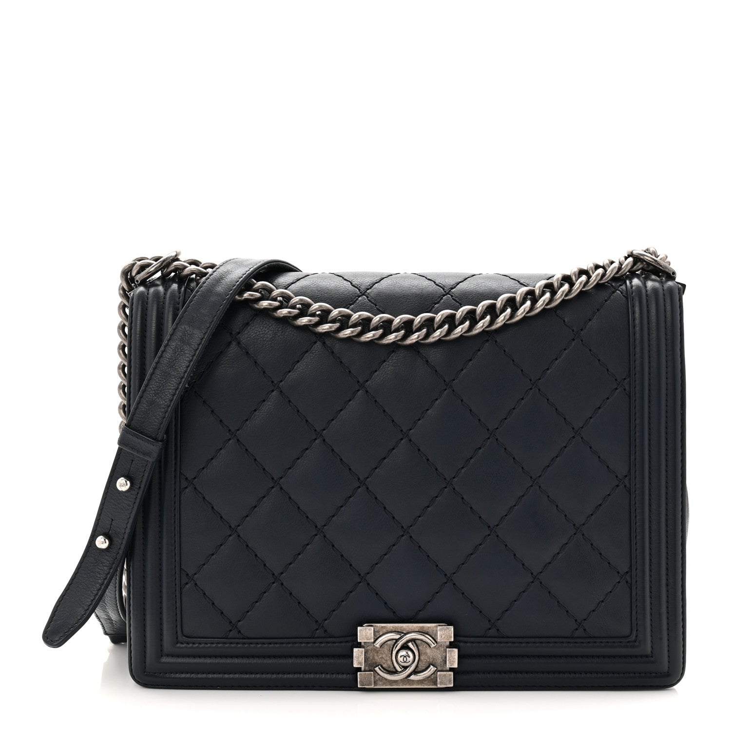 Chanel Calfskin Double Stitch Large Boy Flap Navy Blue 1 of 10