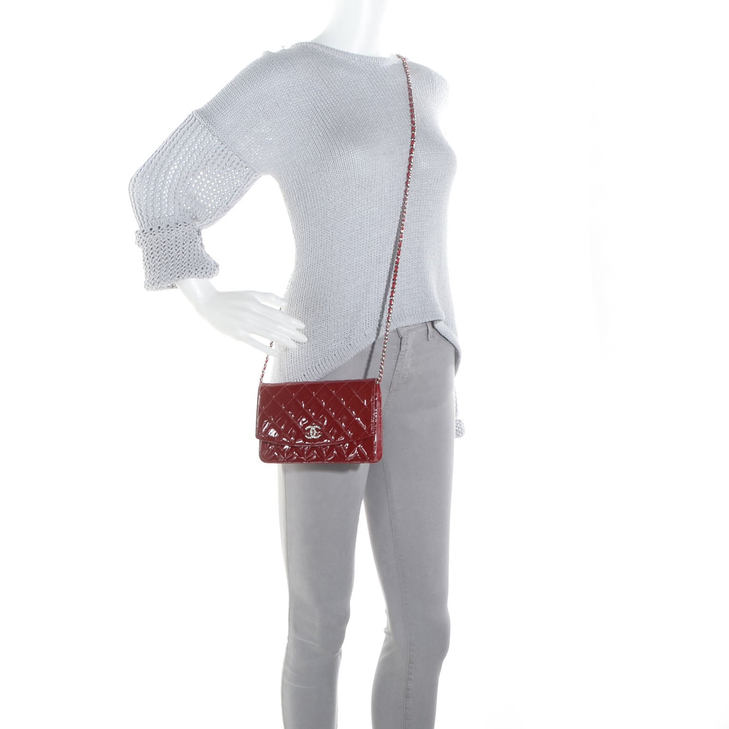 Patent Quilted Brilliant Wallet On Chain WOC Red