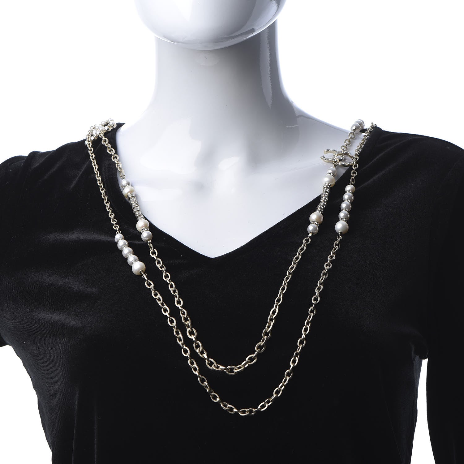 Chanel Pearl Crystal CC Long Necklace Gold 2 of 5