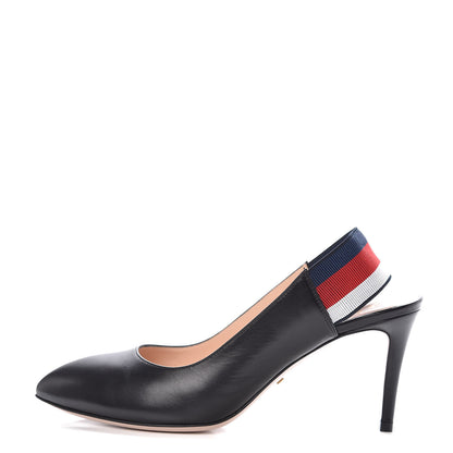 Gucci Malaga Kid Web Sylvie Mid Heel Slingback Pumps 37 Black 1 of 7
