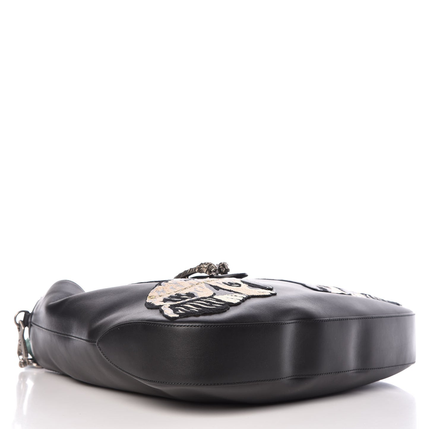 Calfskin Web Dog Embroidered Large Dionysus Hobo Black