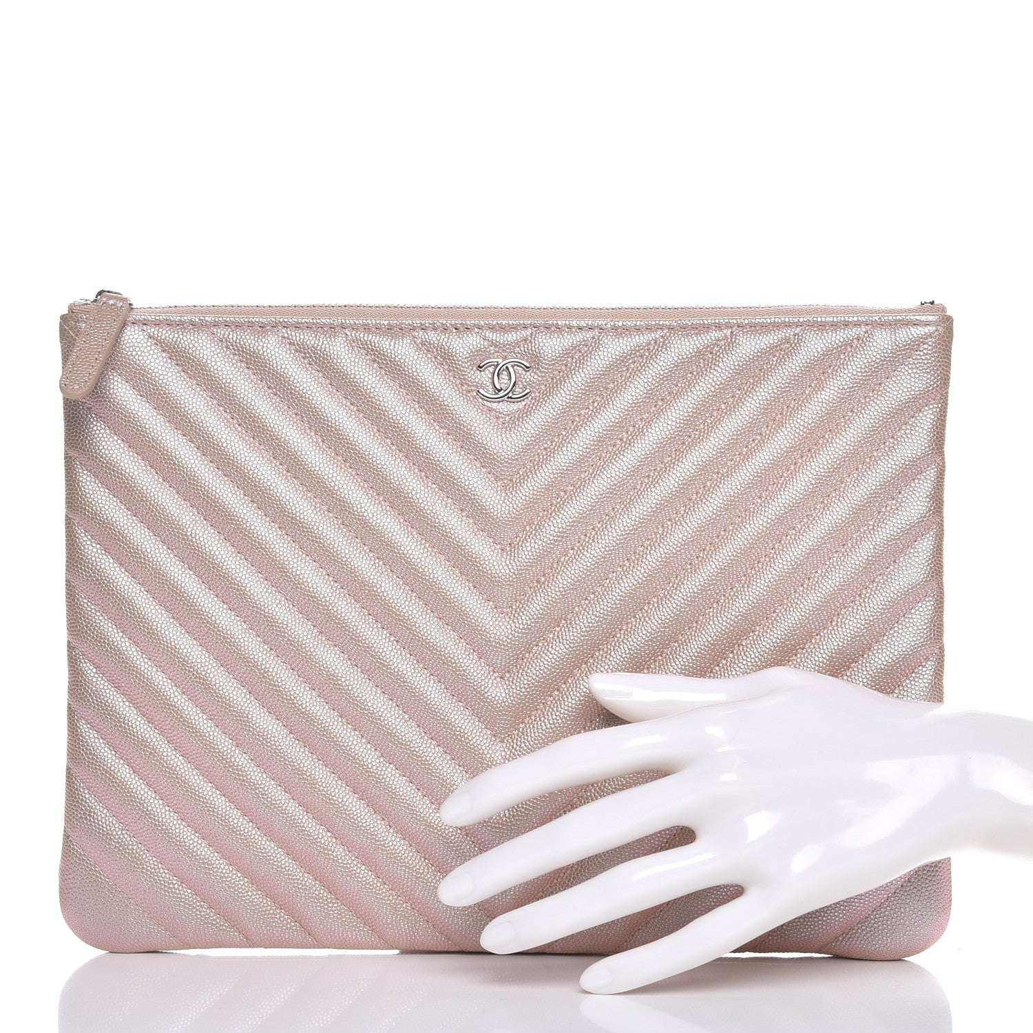 Chanel Iridescent Caviar Chevron Quilted Medium Cosmetic Case Light Gold 2 of 8